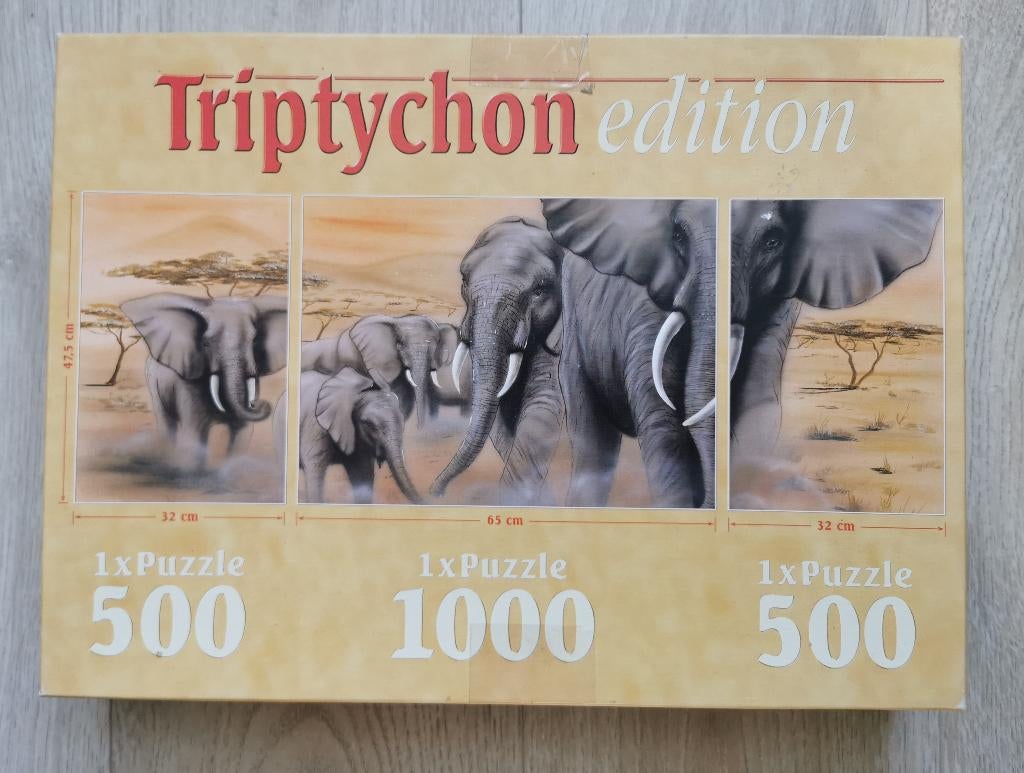 59 .. Puzzel drieluik olifant, Ophalen of Verzenden, 500 t/m 1500 stukjes, Zo goed als nieuw, Legpuzzel