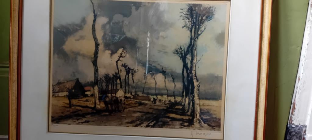 Ets Ferdinand Luigini Landschap met Werkpaarden gesigneerd, Antiek en Kunst, Ophalen of Verzenden