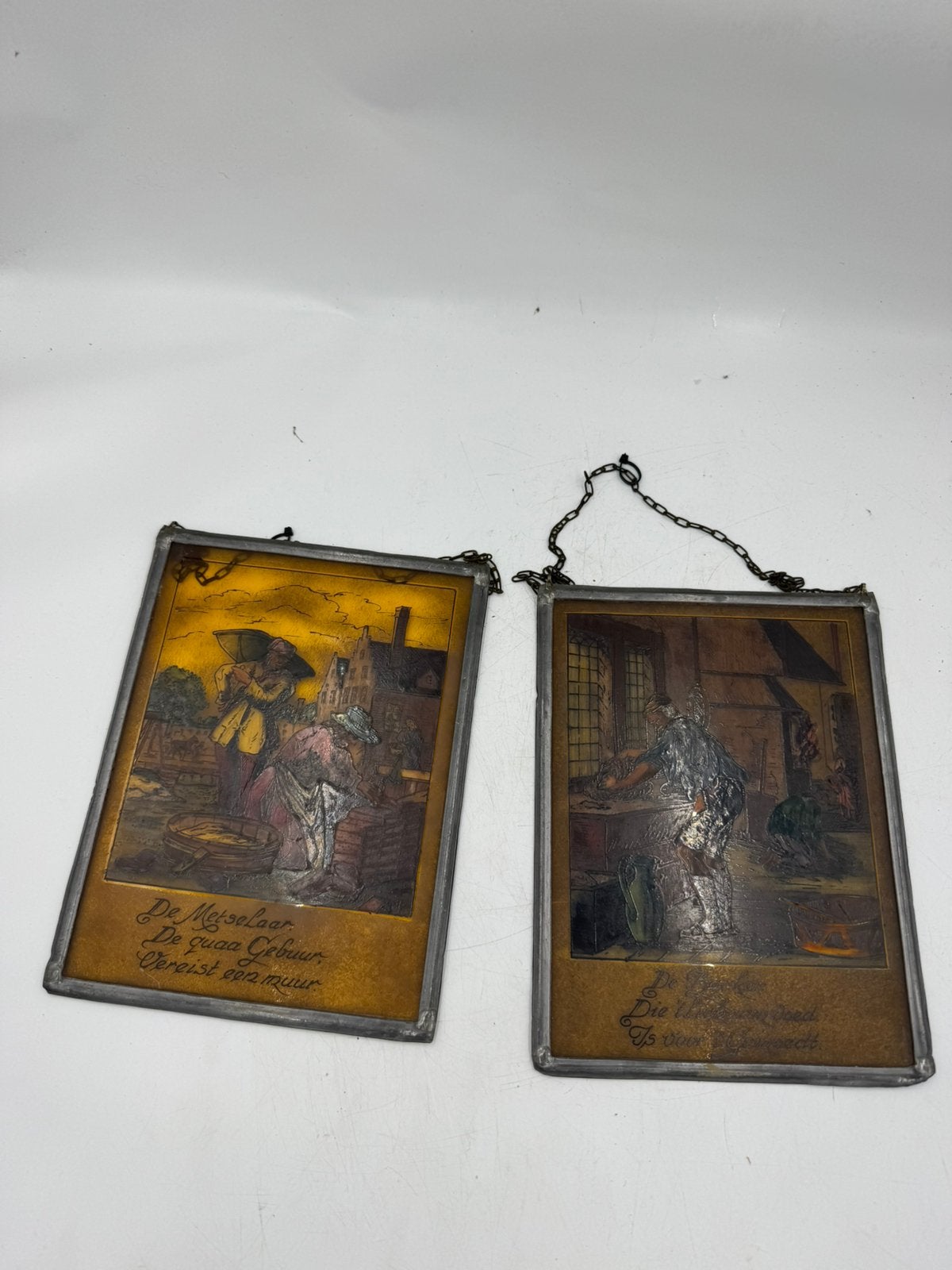 Set van 2 Antieke Glas-in-Lood Raamhangers - Oude Ambachten, Antiek en Kunst, Ophalen of Verzenden