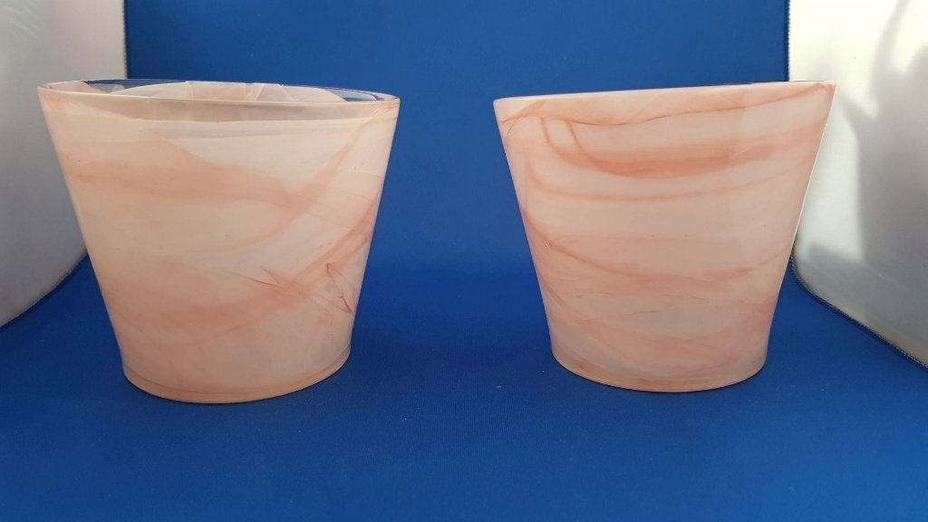 2x design bloempotten glas, roze met wit, gaaf. 5A29, Ophalen of Verzenden, Groenteplant, Halfschaduw, Minder dan 100 cm