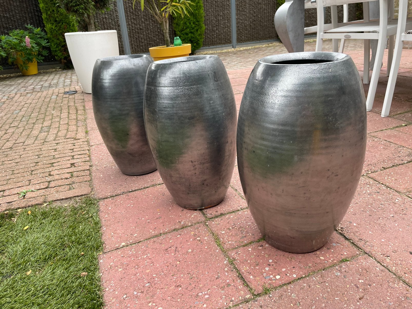 3 mooie bloempotten metallic antraciet, Ophalen, Halfschaduw, Minder dan 100 cm