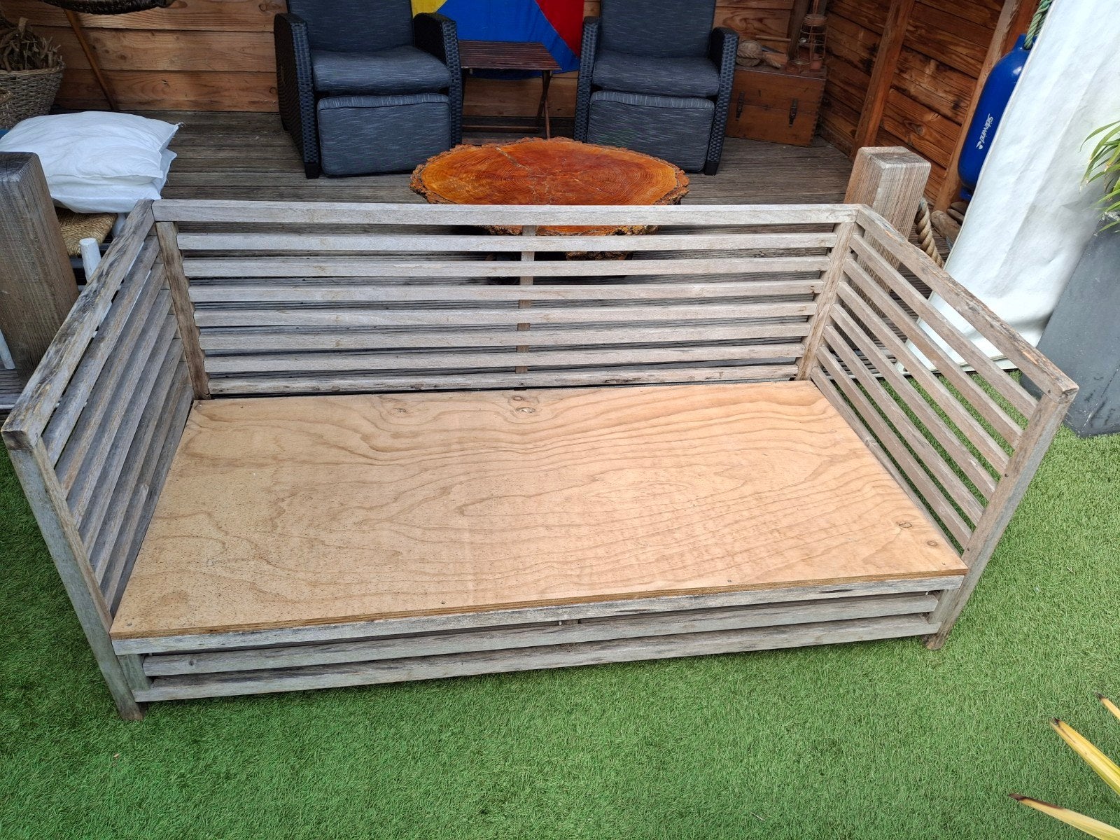 Houten tuinbank met kussens, Ophalen, Gebruikt, Lounge, Modern, Natuurlijk, 150 tot 200 cm