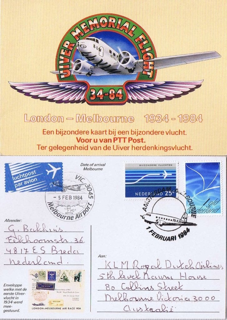 Nederland 1984 50 j 1e Uivervlucht KLM Melbourne Australie, Verzamelen, Verzenden, 1980 tot heden, Gelopen, Overige thema's