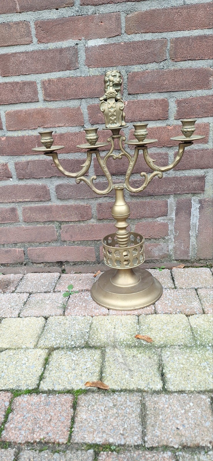 Antieke Koperen Kandelaar met Amsterdamse Leeuw, Ophalen of Verzenden, Koper of Brons