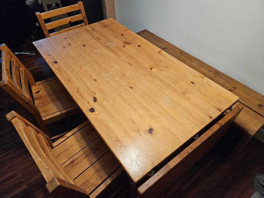 Eettafel, 4 stoelen en eetbank, Huis en Inrichting, Complete eetkamers, Gebruikt, 4 tot 6 stoelen, Ophalen