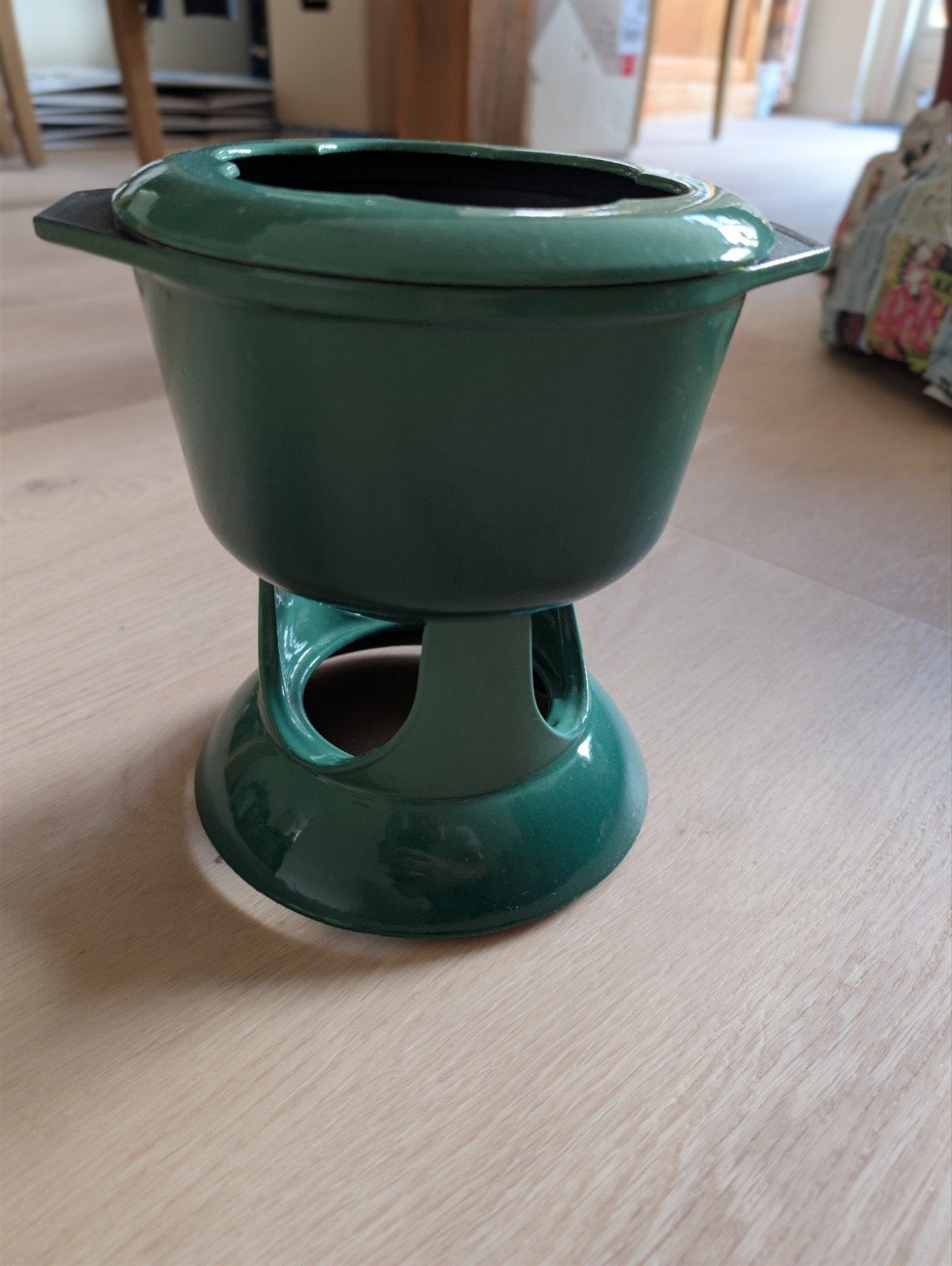 Groene gietijzeren fonduepan met brander, Ophalen, Nieuw, Brander, Fonduepan