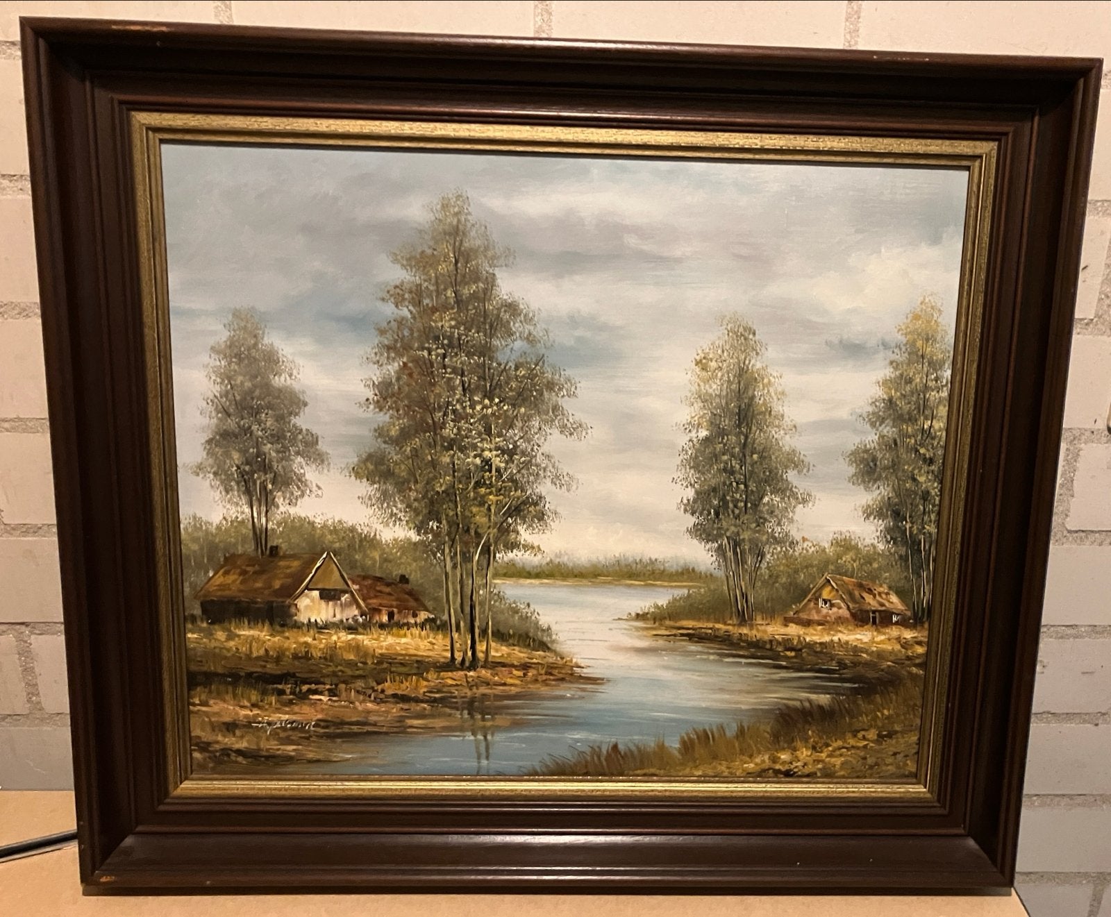 Olieverfschilderij Landschap met water en huisjes, Ophalen, Doek, Realistisch, Landschap