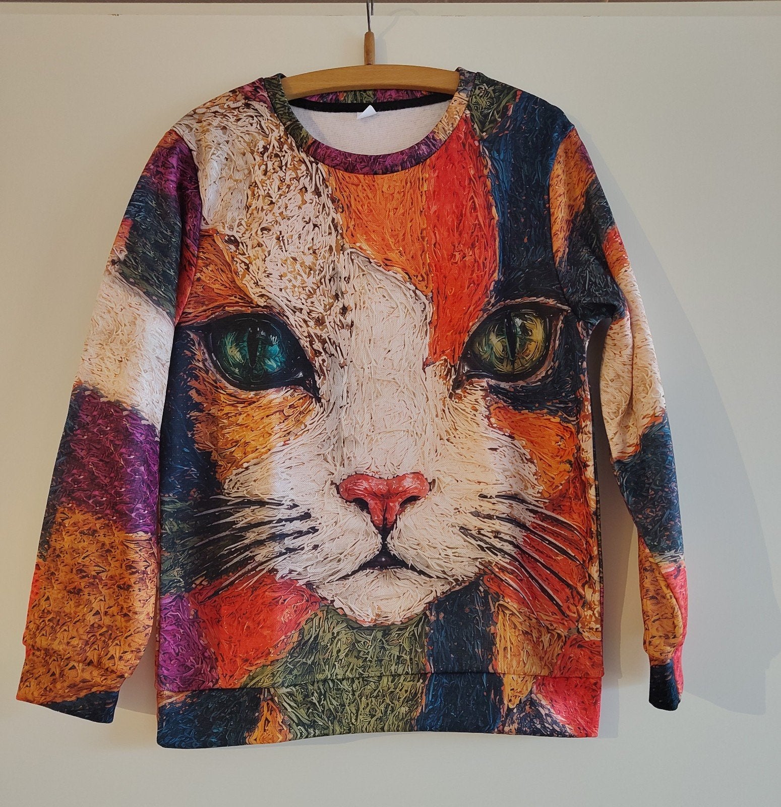 Trui met bontgekleurde artistieke katten print, maat S/M, Verzenden