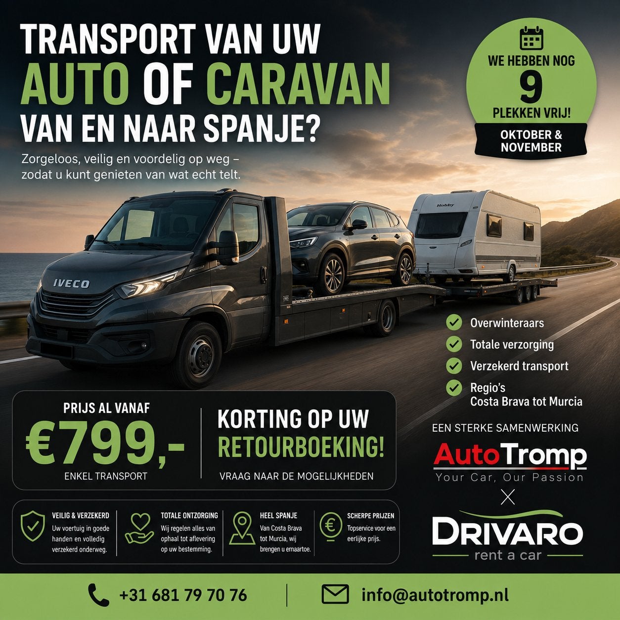 Auto/Caravan Transport Spanje: Vanaf €799,-, Chauffeursdiensten