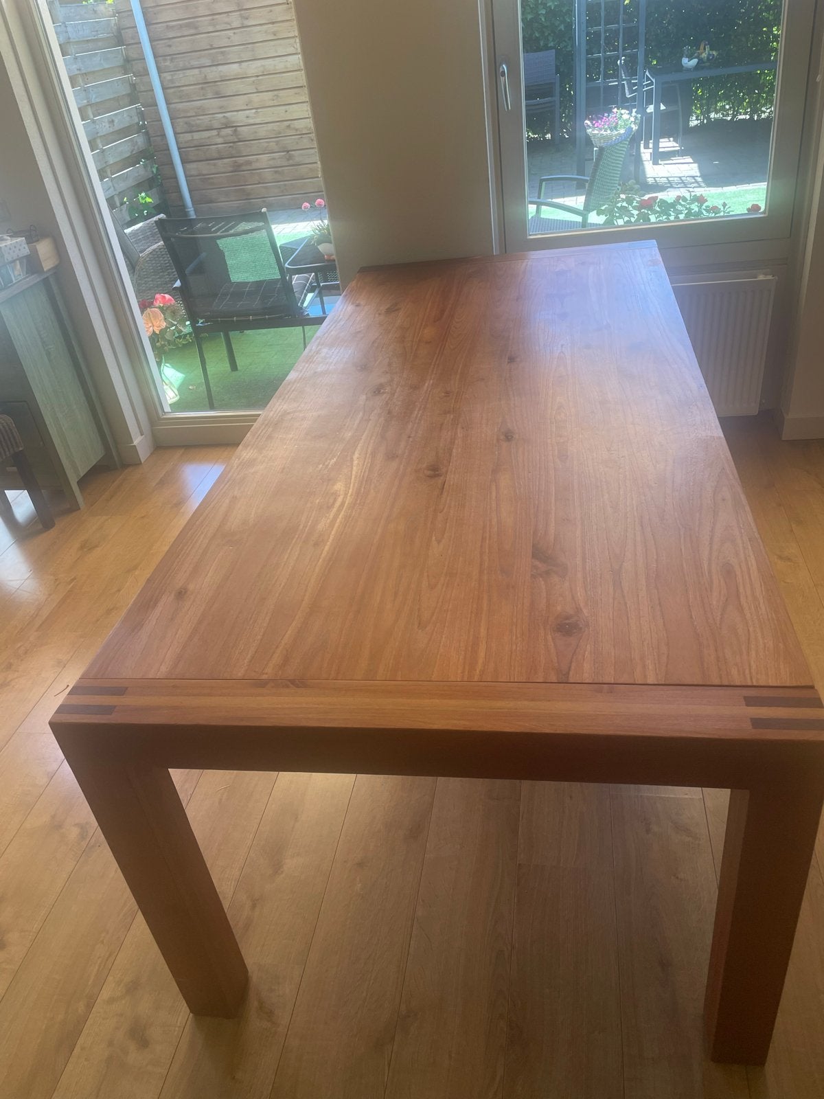 Mooie teakhouten eettafel notenkleur 220x100x75 cm, Huis en Inrichting, Ophalen, Gebruikt, 100 tot 150 cm, Teakhout