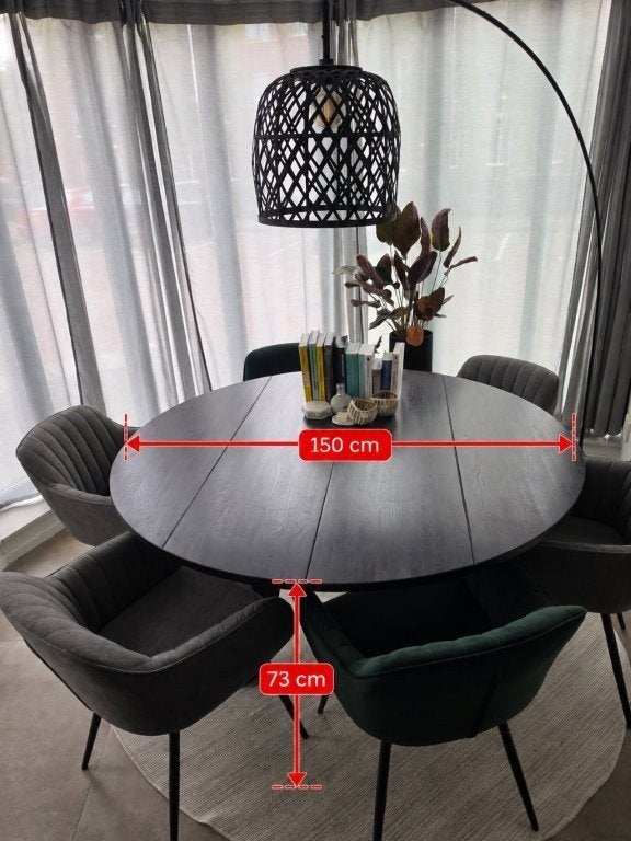 ronde Tafel (massief hout) + Set van 6 stoelen: 2 groene en, Modern, Comfortabel, Overige kleuren, Ophalen of Verzenden, Zo goed als nieuw