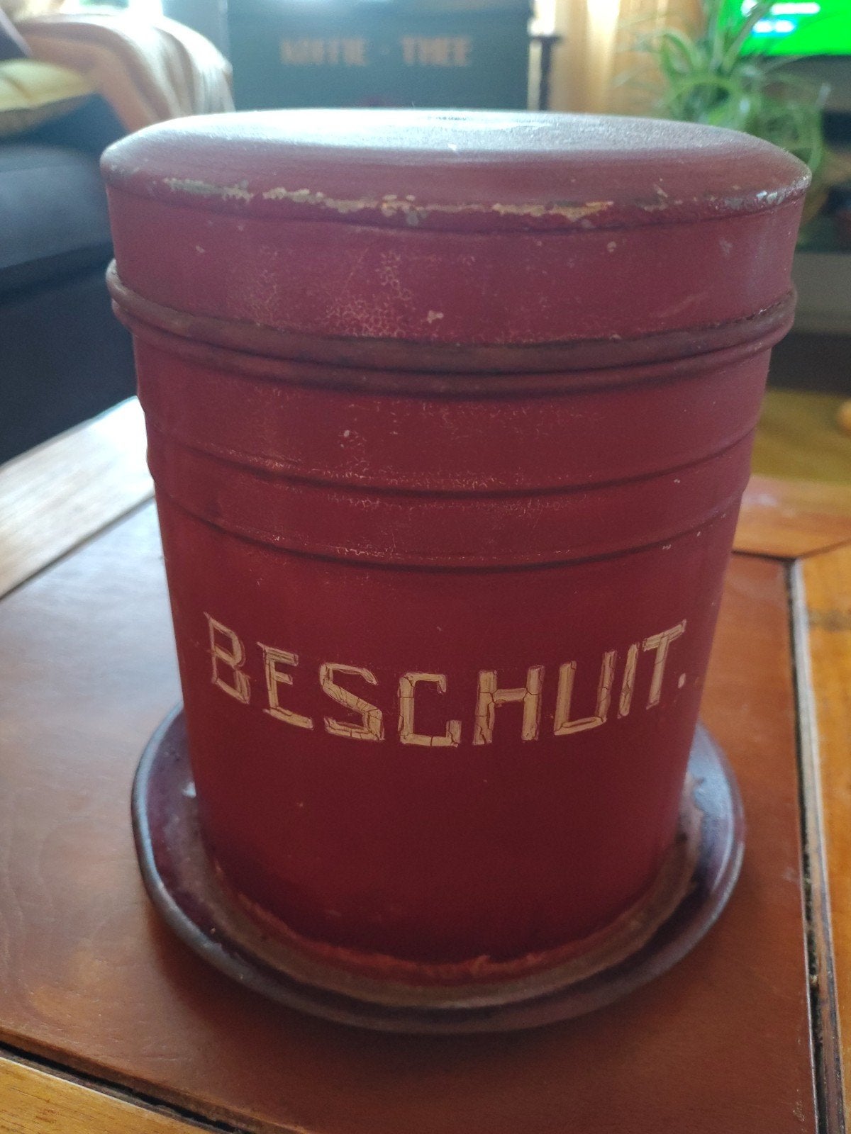 Vintage Rood Beschuitblik met Tekst - Antiek Keukenitem, Antiek en Kunst, Ophalen of Verzenden