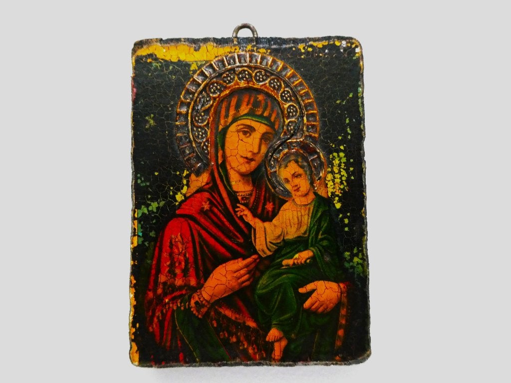 Icoon Maria en Jezus met aureool in reliëf, Antiek en Kunst, Ophalen of Verzenden