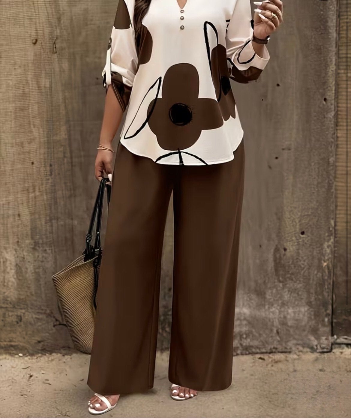 Stijlvolle tweedelige set: blouse en palazzo broek, Maat 38/40 (M), Bruin, Verzenden, Nieuw