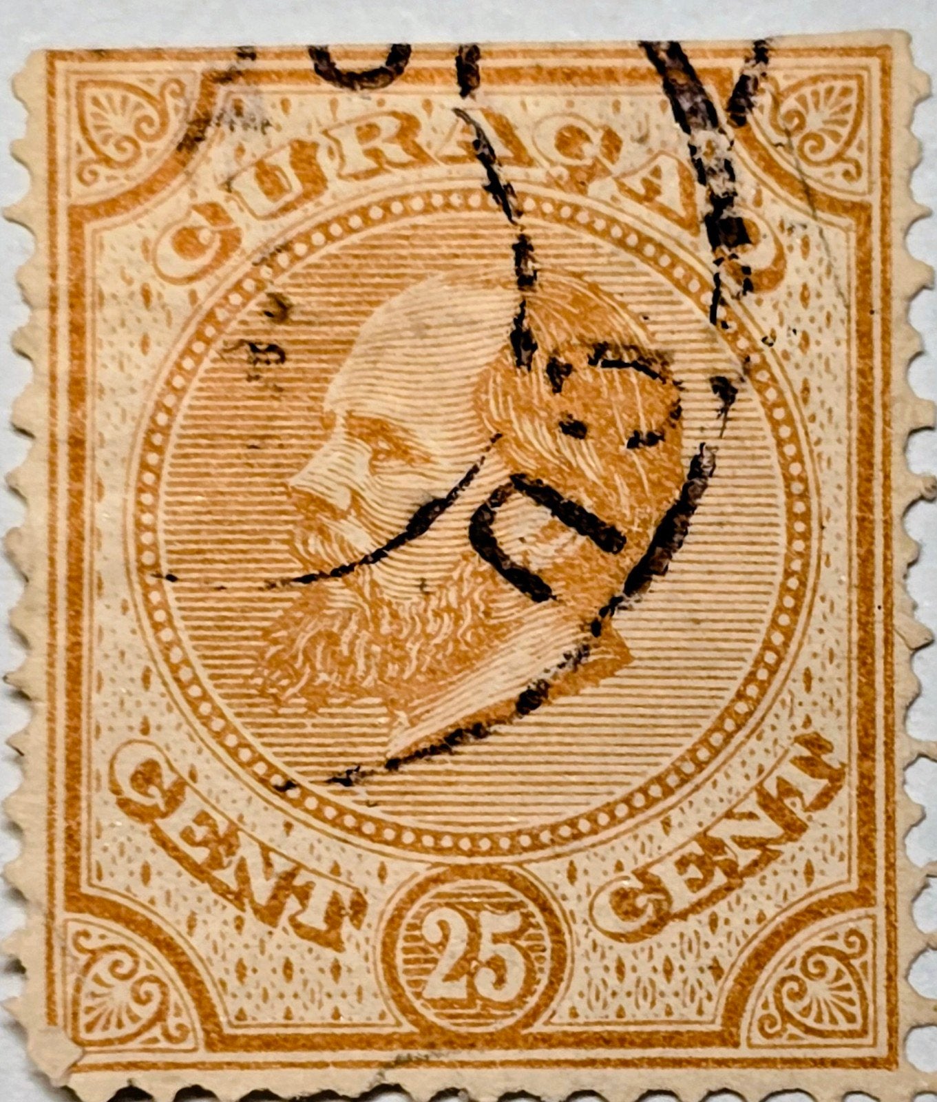 Curaçao 25 cent postzegel, Koning Willem III, gestempeld, Postzegels en Munten, Ophalen of Verzenden