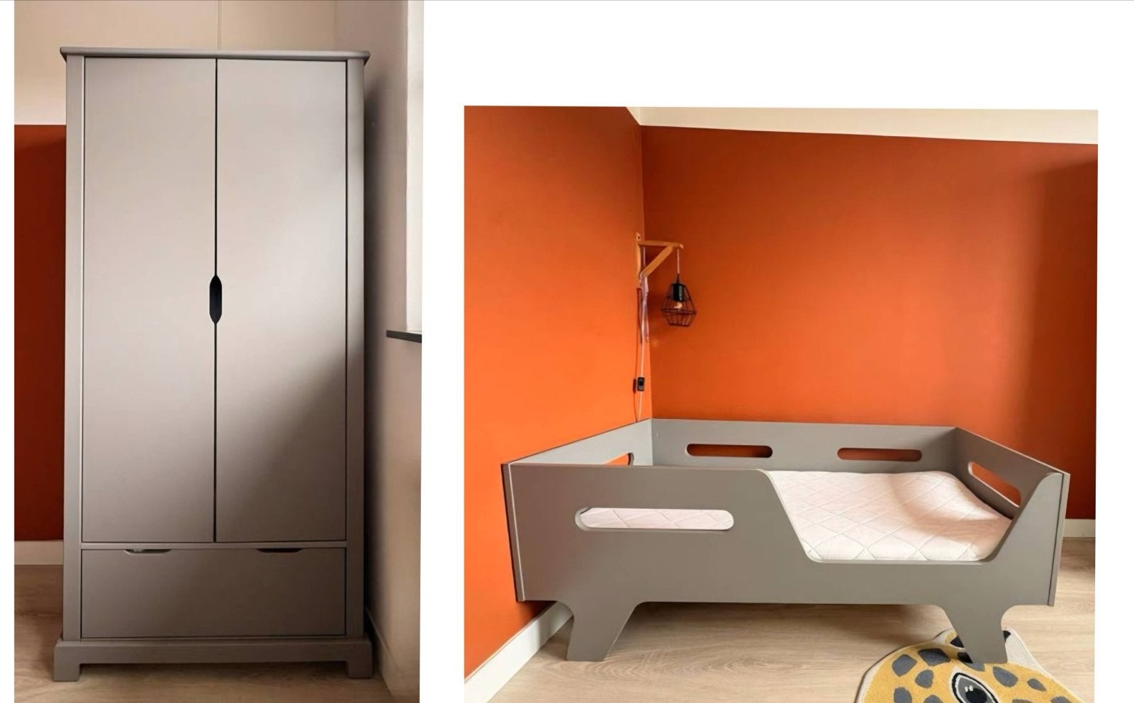 Grijs peuterbed + matras + kledingkast – Petit Amélie, Ophalen, Gebruikt, 70 tot 85 cm, 140 tot 160 cm