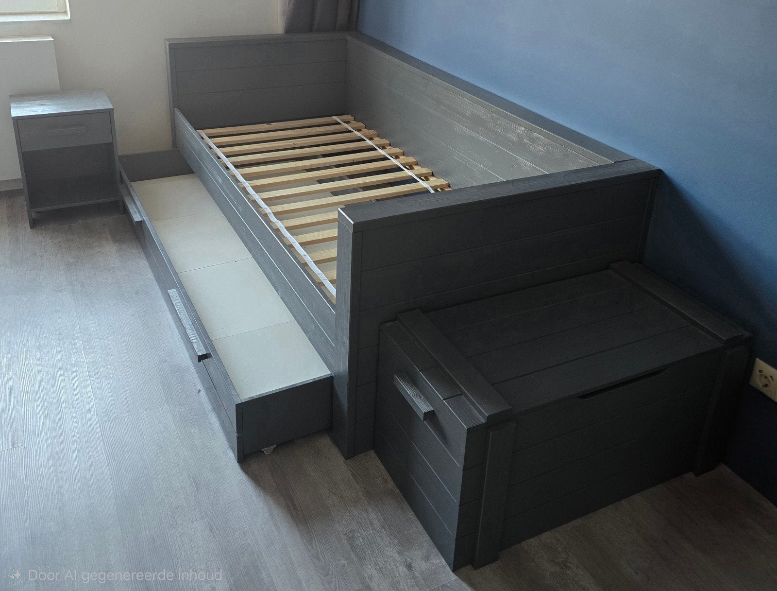 Bed 90x200 met uitschuifbare kist en nachtkastje, Huis en Inrichting, Slaapkamer | Bedden, Ophalen, Eenpersoons, 210 cm, Grijs