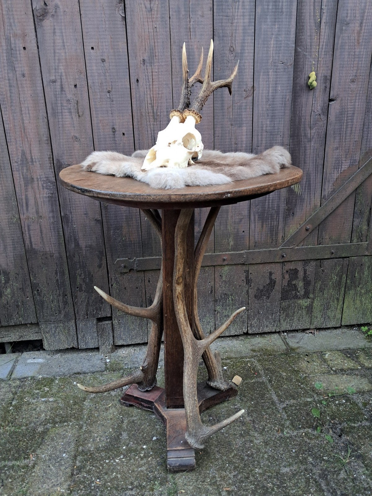 Robuuste jachtstijl bijzettafel met 3 edelhert geweistangen, Ophalen, Gebruikt, Hert, Gewei of Kop