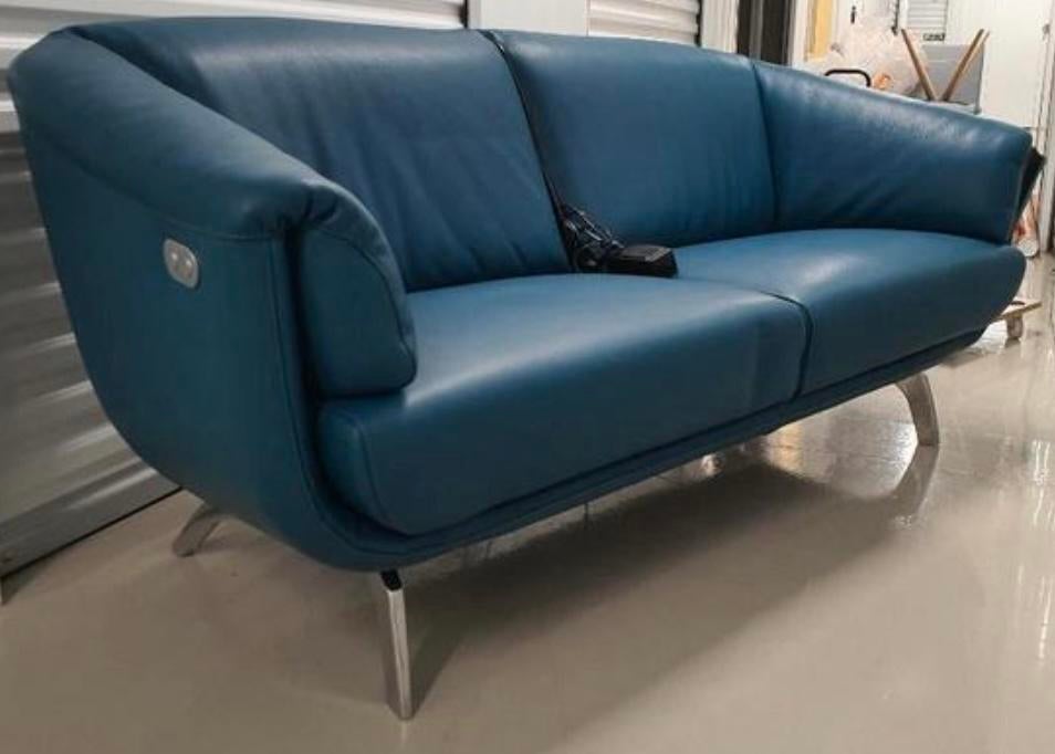 Leolux Ascana bank blauw leer, Ophalen, Design, modern, Rechte bank, 200 tot 250 cm