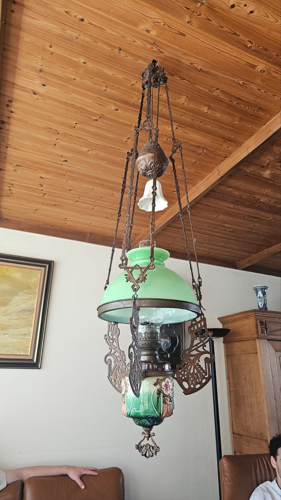 Antieke olielamp / hanglamp met groen glas, Ophalen