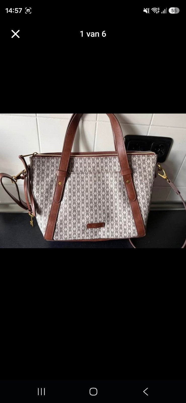 Fossil Handtas met Monogram Patroon en  Portemonne, Ophalen, Gebruikt, Bruin, Handtas
