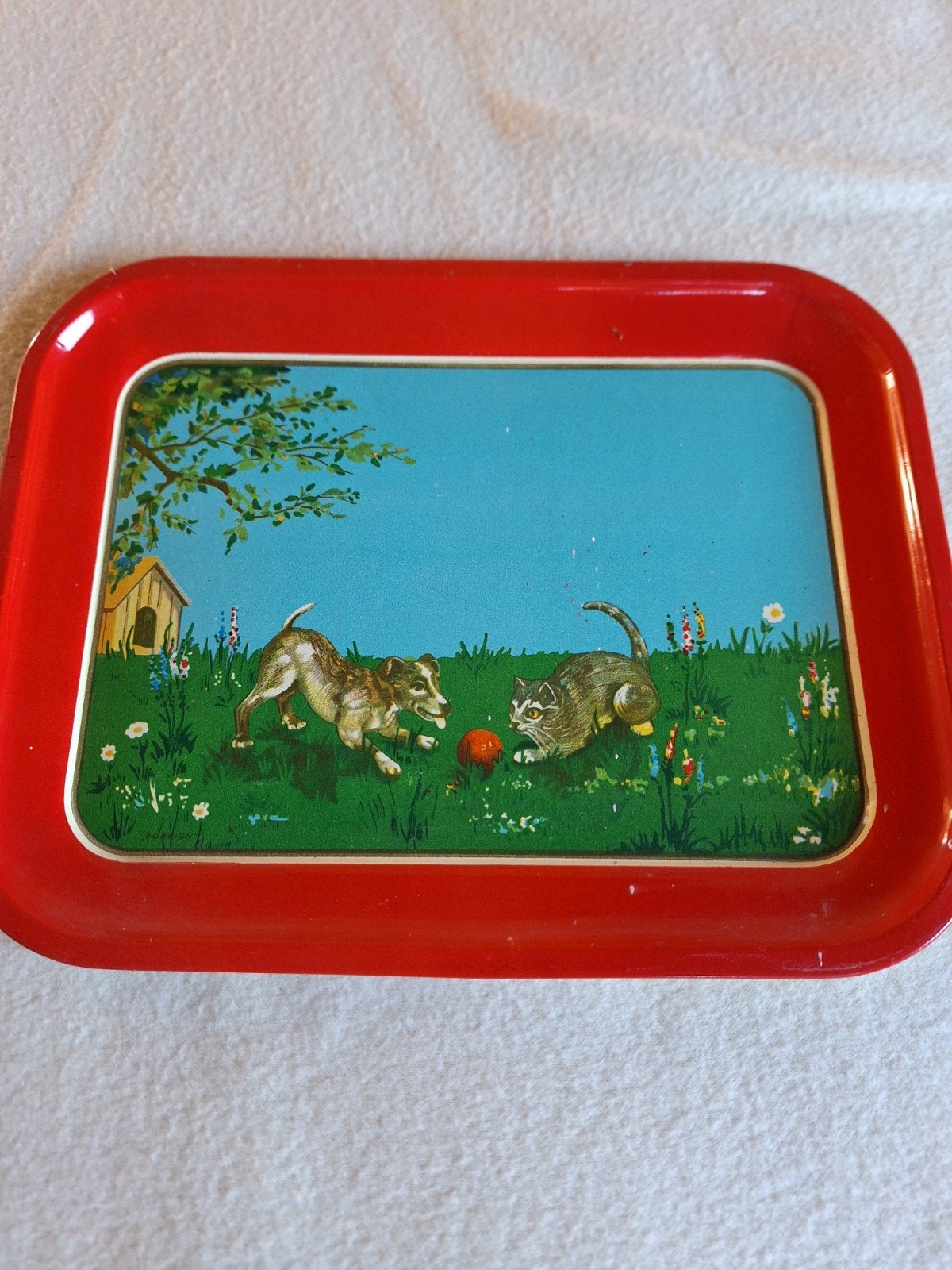 Vintage blikken kinder dienblad met hond en kat, Ophalen, Gebruikt, Overige, Overige merken