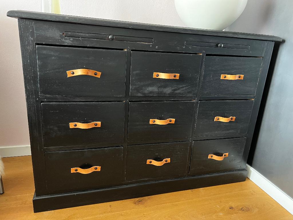 Ladekast dressoir schoenenkast zwart met 9 laden, Ophalen, Hout zwart, 100 tot 150 cm, 5 laden of meer