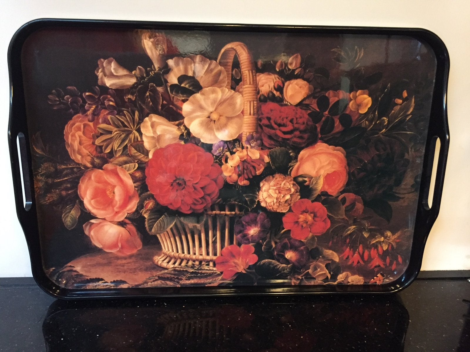 dienblad bloemenprint en handvatten vintage look, Kunststof, Ophalen of Verzenden, Zo goed als nieuw, Dienblad