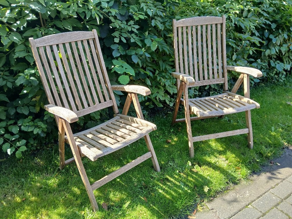 2 teakhouten tuinstoelen, Tuin en Terras, Tuinstoelen, Ophalen, Gebruikt, Teakhout, Verstelbaar
