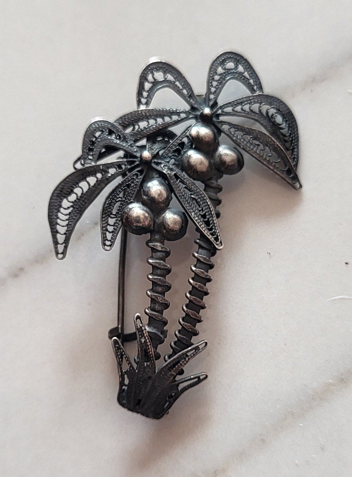 Vintage Zilveren Filigrain Broche – Palmbomen, Sieraden, Tassen en Uiterlijk, Broches, Ophalen of Verzenden, Gebruikt, Zilver