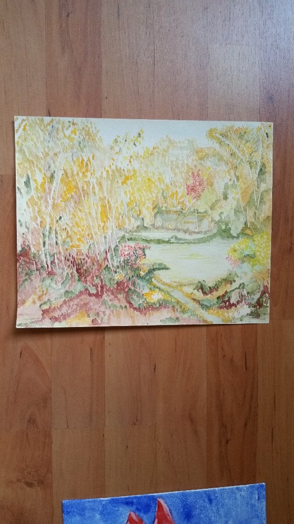 Schilderij bos tafereel met huisjes, Gesigneerd, Overige technieken, Impressionistisch, Ophalen of Verzenden