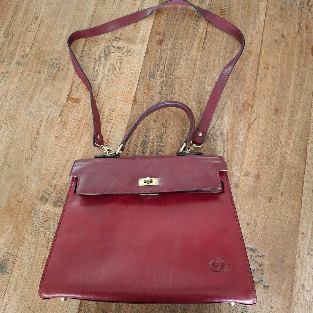 Vintage Leren Handtas Bordeaux Rood, Ophalen, Gebruikt, Rood, Handtas