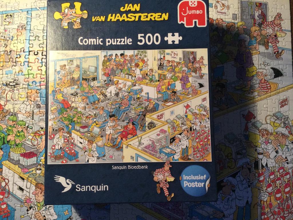 Jan van Haasteren puzzel - Sanquin bloedbank, Ophalen, 500 t/m 1500 stukjes, Zo goed als nieuw, Legpuzzel