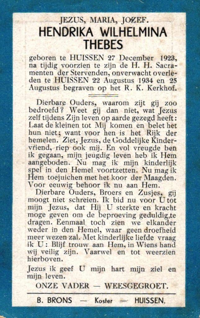 Thebes Henrika Wilhelmina 1923-1934 Huissen, Verzamelen, Bidprentjes en Rouwkaarten, Ophalen of Verzenden