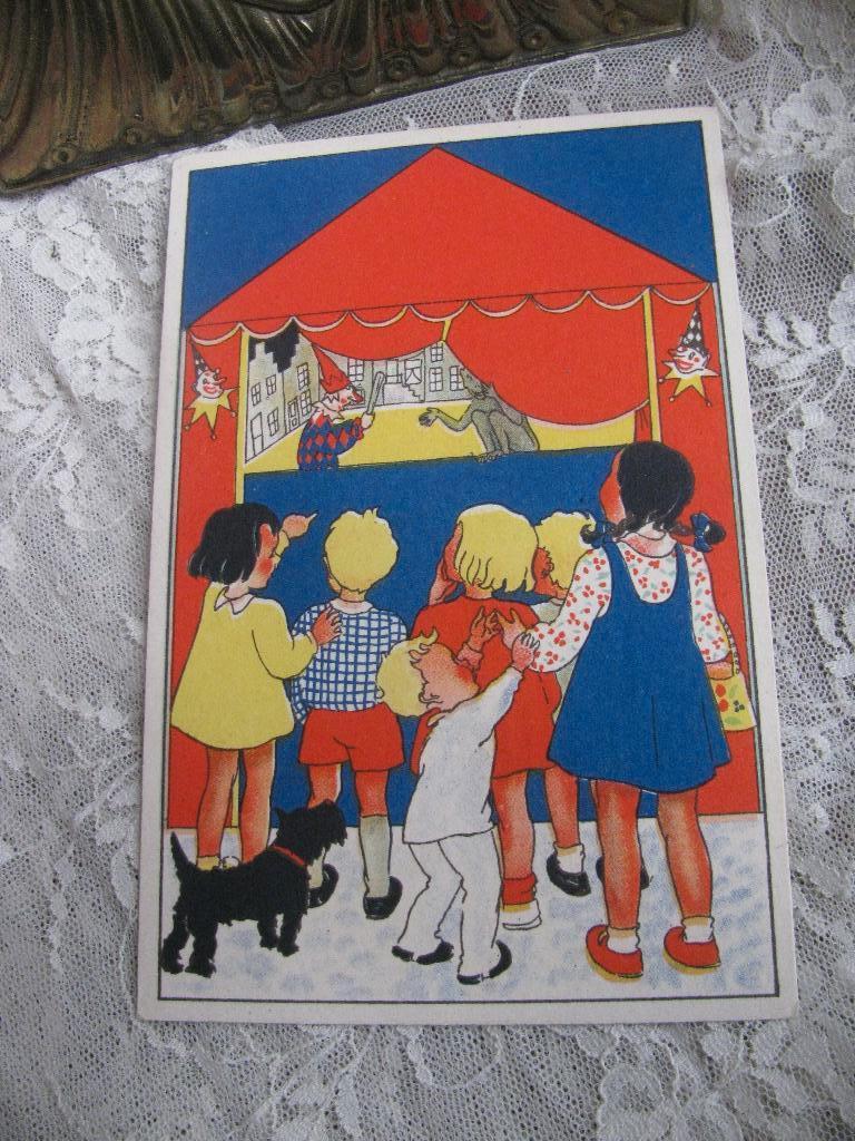 Oude Kaart - Kinderen Kijken Poppenkast / J Bijloos Reclame, Verzenden, 1920 tot 1940, Ongelopen, Kinderen