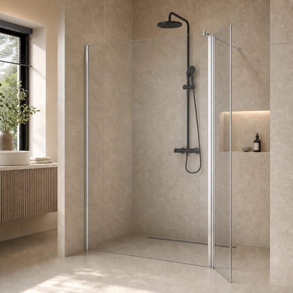 inloopdouche 120 cm met beweegbare wand 30cm Bruynzeel €250, Overige typen, Ophalen of Verzenden, Bruynzeel Home Products, Info@douchezaak.nl