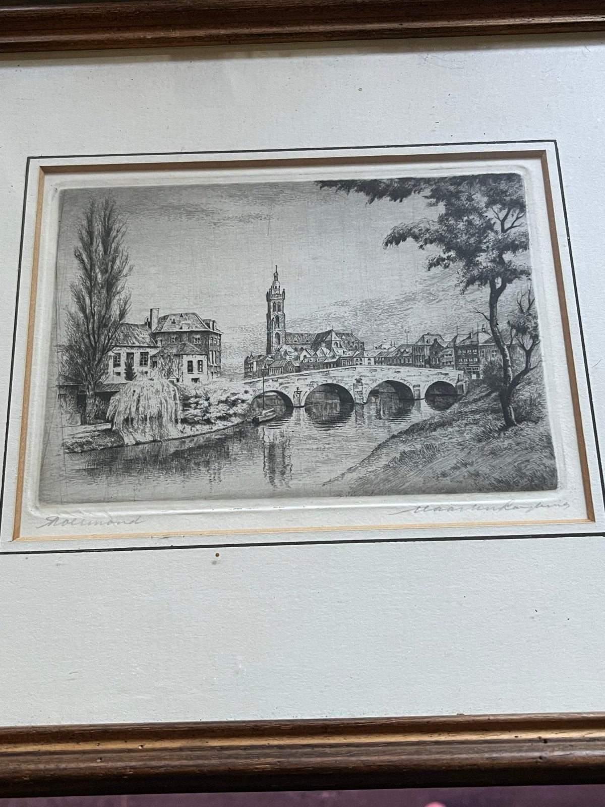 Ets van Roermond, gesigneerd, met passe-partout M. Langbroek, Ophalen, 25 cm, Ets, Stadsgezicht