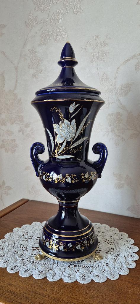 Cobaltblauwe porseleinen vaas met deksel Limoges, Ophalen of Verzenden