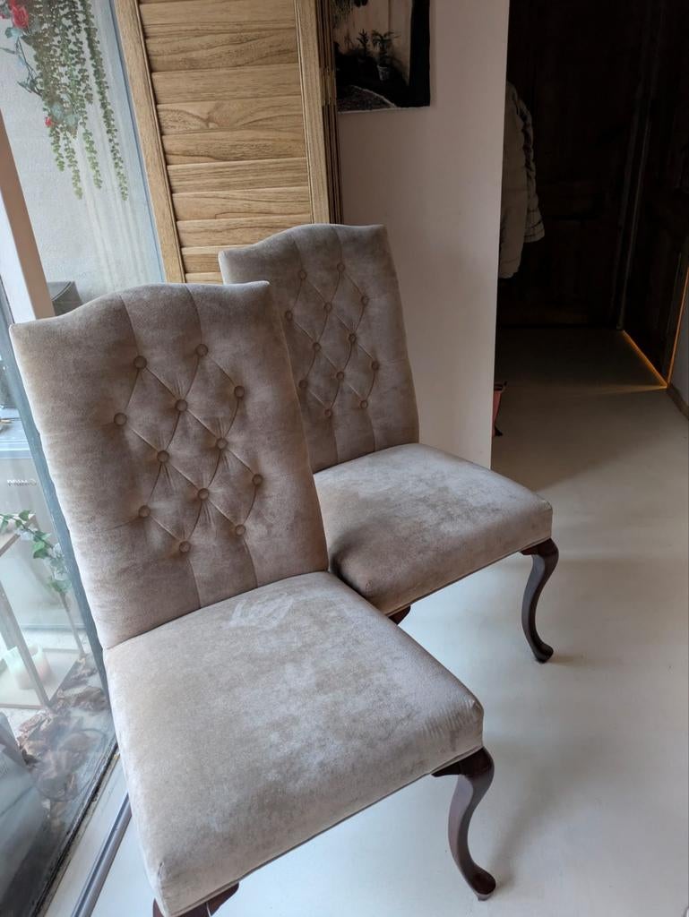 6 Queen ann eetkamerstoelen beige gecapitonneerd cabriole, Ophalen, Gebruikt, Overige kleuren, Royal