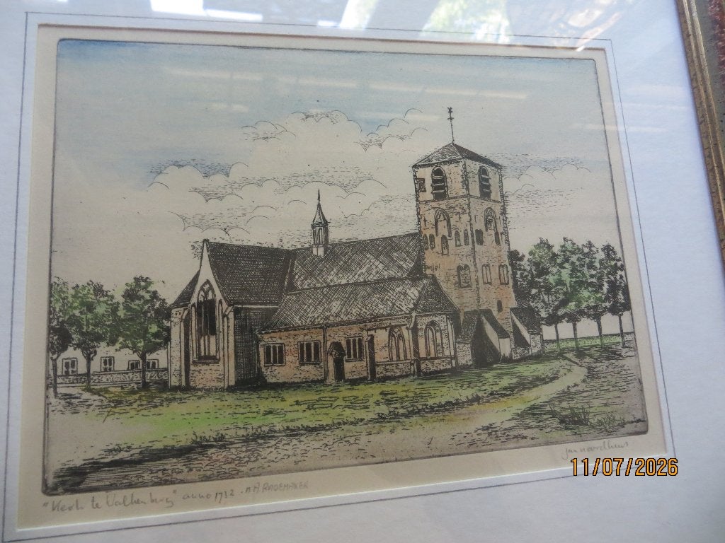 Jan Noordhuis, Mooie Gekl ets Kerkje Valkenburg, Ao 1732, Ophalen, Ets