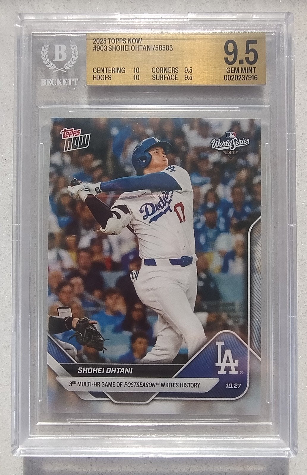 Shohei Ohtani Topps Now BGS 9.5 Gem Mint Honkbal Kaart, Ophalen of Verzenden, Zo goed als nieuw, Losse kaart