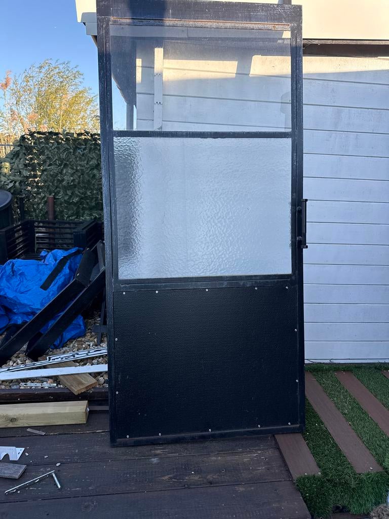 IJzeren hangdeur met glas - Industriële stijl, Doe-het-zelf en Verbouw, Deuren en Horren, Gebruikt, 80 tot 100 cm, Binnendeur