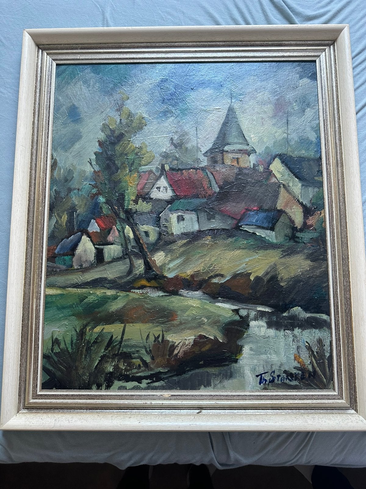 Th. Storcken – Prachtig Limburgs Dorpsgezicht met Kerktoren, Antiek en Kunst, Ophalen, Doek, Gesigneerd, Olieverf