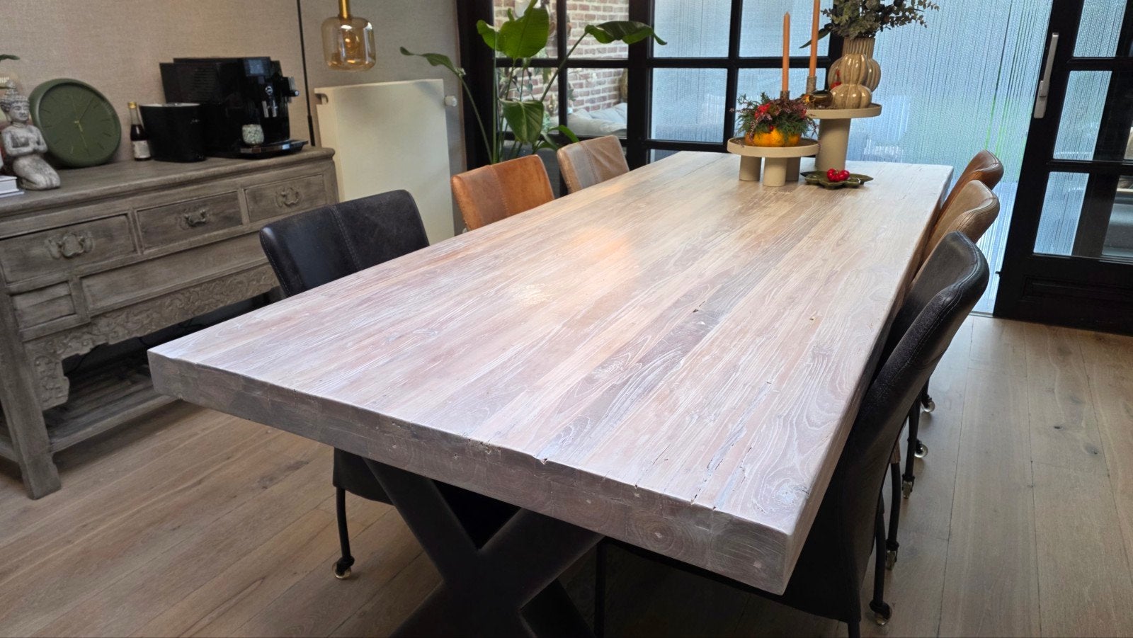 Eetkamertafel teakhout met 6 leren stoelen met wieltjes, Ophalen, Gebruikt, Vijf, Zes of meer stoelen, Leer