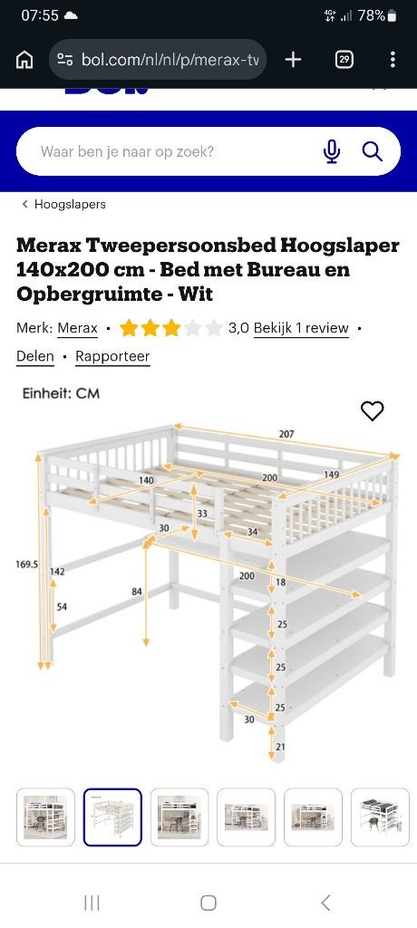 Hoogslaper 2 personen, Huis en Inrichting, Slaapkamer | Stapelbedden en Hoogslapers, Ophalen, Hoogslaper, 160 tot 180 cm, Tweepersoons