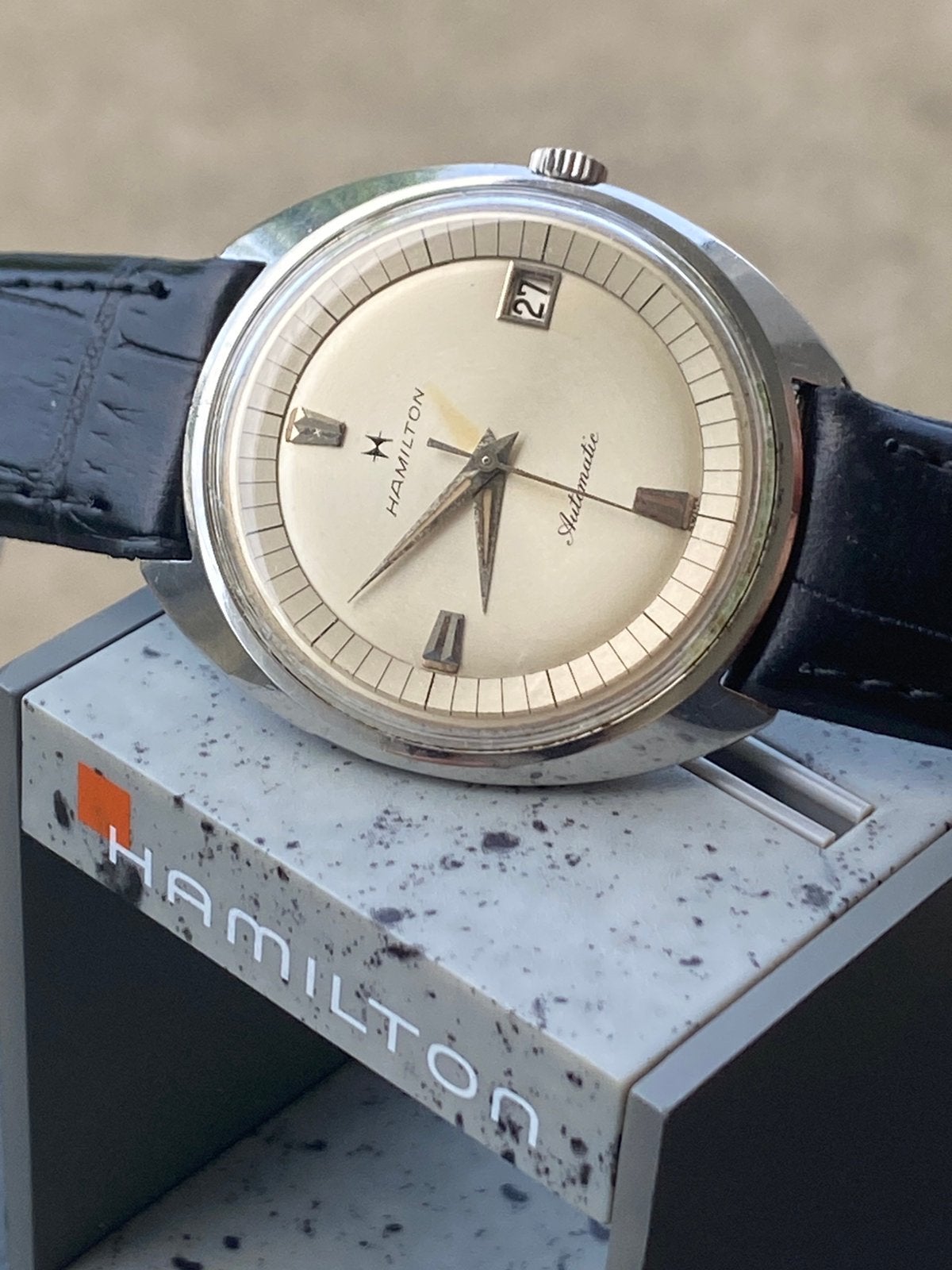 Zeldzame Vintage Hamilton Dateline’60s Automatic – C-Shape, Overige merken, Staal, Polshorloge, Ophalen of Verzenden