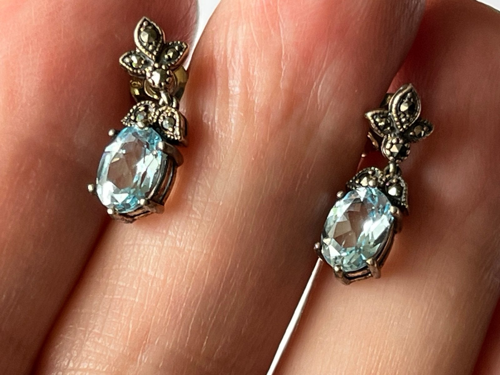 Zilveren Oorbellen met Aquamarijn en Marcasieten, Hangers, Zo goed als nieuw, Met edelsteen, Zilver