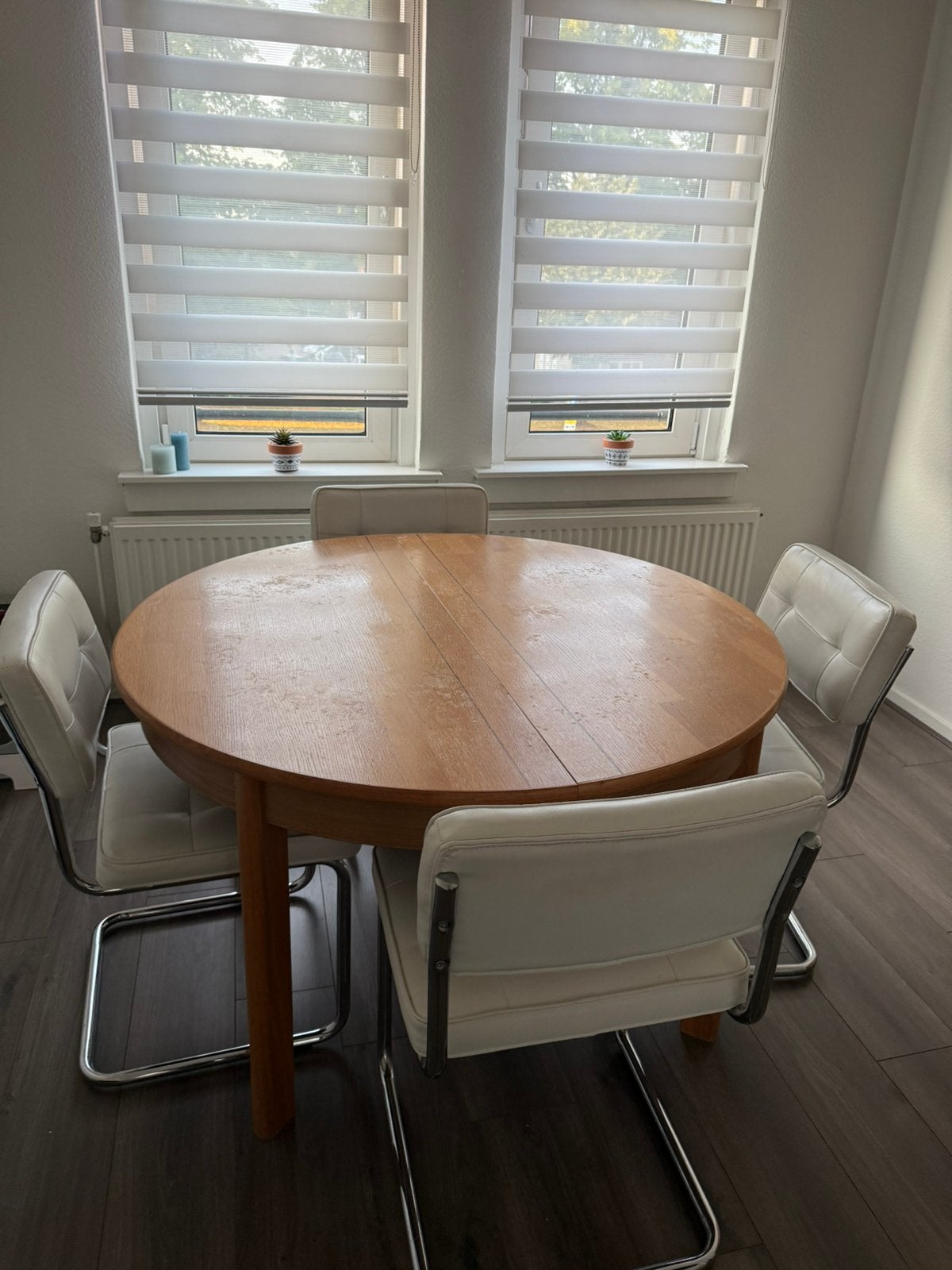 Uitschuifbare massief houten eettafel, Ophalen, Rond, 200 cm of meer, 50 tot 100 cm