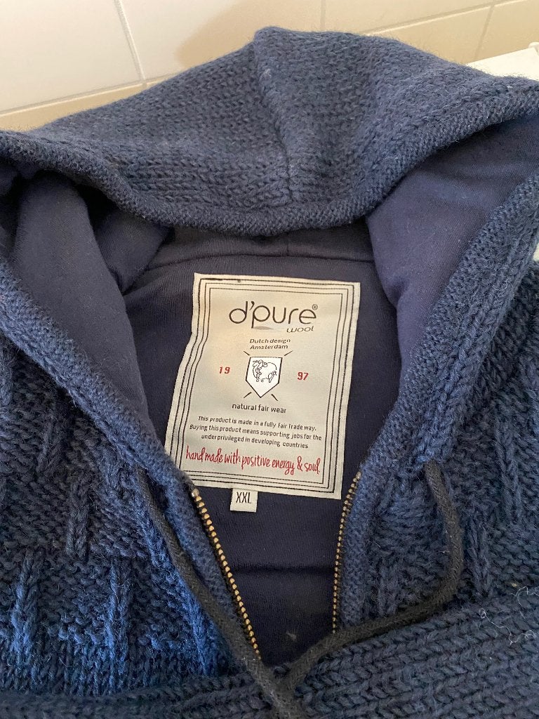 14) d’Pure wol fairtrade vest met capuchon, Ophalen of Verzenden, Zo goed als nieuw, Maat 46/48 (XL) of groter, Blauw