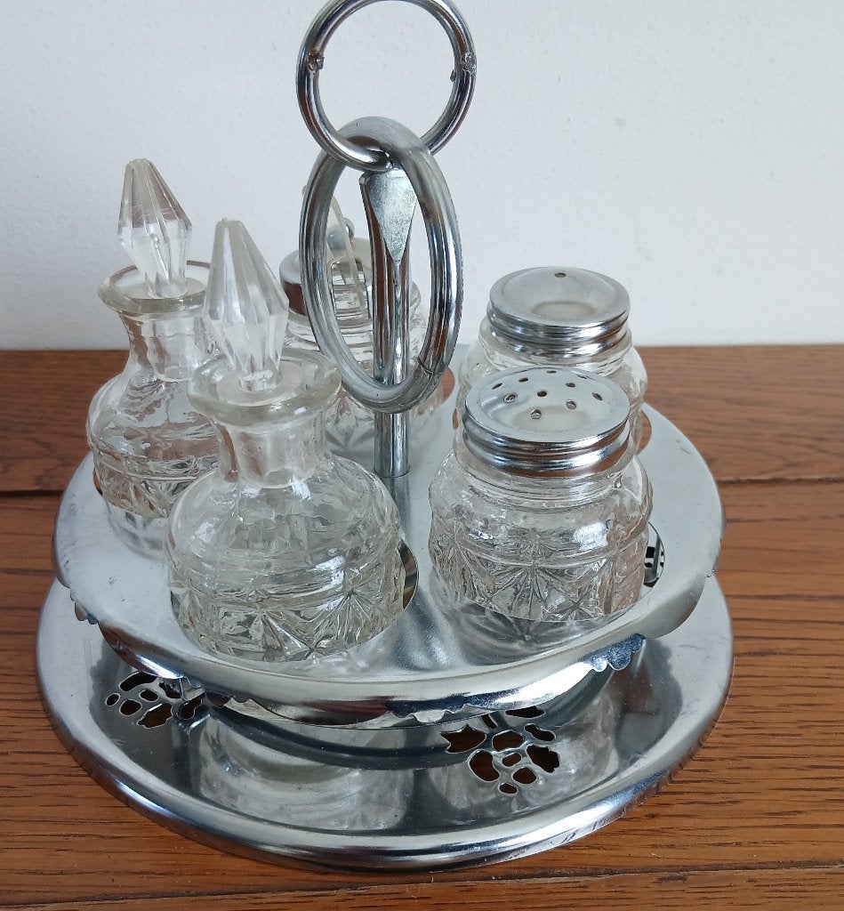 Tafelset Cruetset voor peper, zout, olie, azijn en mosterd., Overige typen, Zilver, Ophalen of Verzenden, Zo goed als nieuw